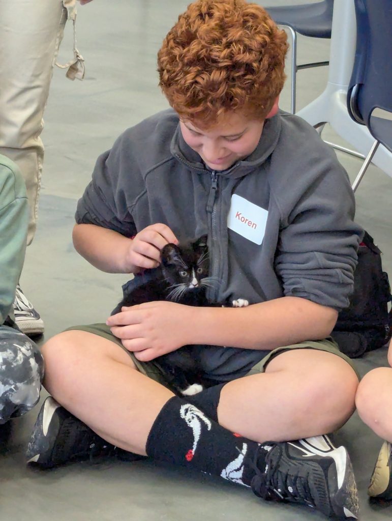 Koren is pictured sitting with his legs crossed in a circle with other campers holding a black and white kitten during Kitten Time at Winter Break camp.