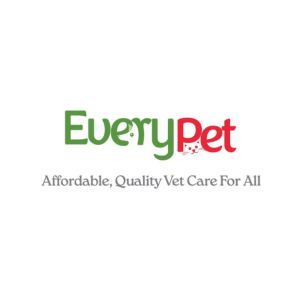 The image shows a logo for EveryPet. The word “Every” is in green and “Pet” is in red, with a small red paw print incorporated into the design. Below the logo, the tagline reads: “Affordable, Quality Vet Care For All.”