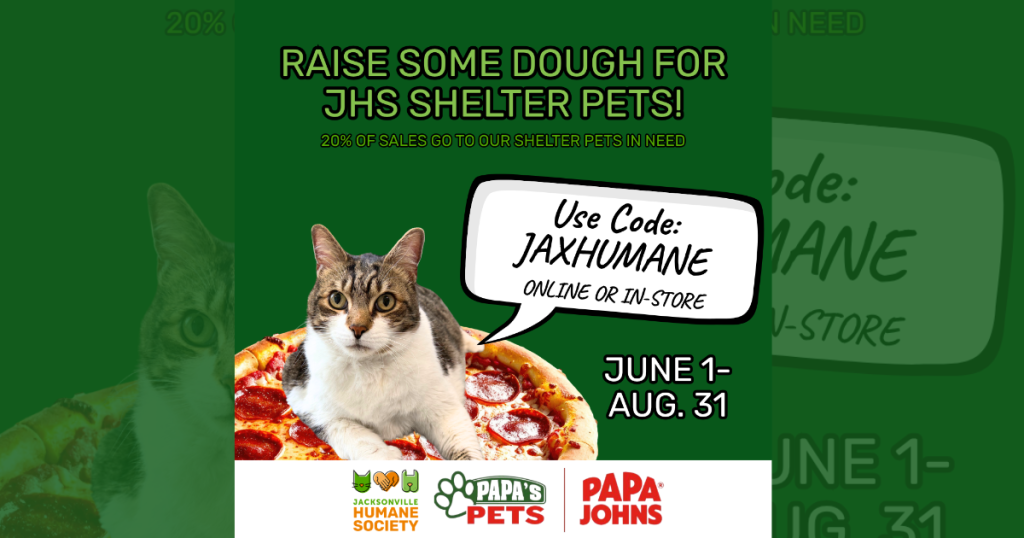 A green promotional graphic featuring a tabby-and-white cat lounging on top of a pepperoni pizza. Large text at the top reads, “Raise Some Dough for JHS Shelter Pets!” with smaller text underneath stating that 20% of sales go to shelter pets in need. A speech bubble next to the cat says, “Use Code: JAXHUMANE online or in-store.” The dates “June 1 – Aug. 31” appear on the right side. Along the bottom are the logos for Jacksonville Humane Society, Papa’s Pets, and Papa Johns.