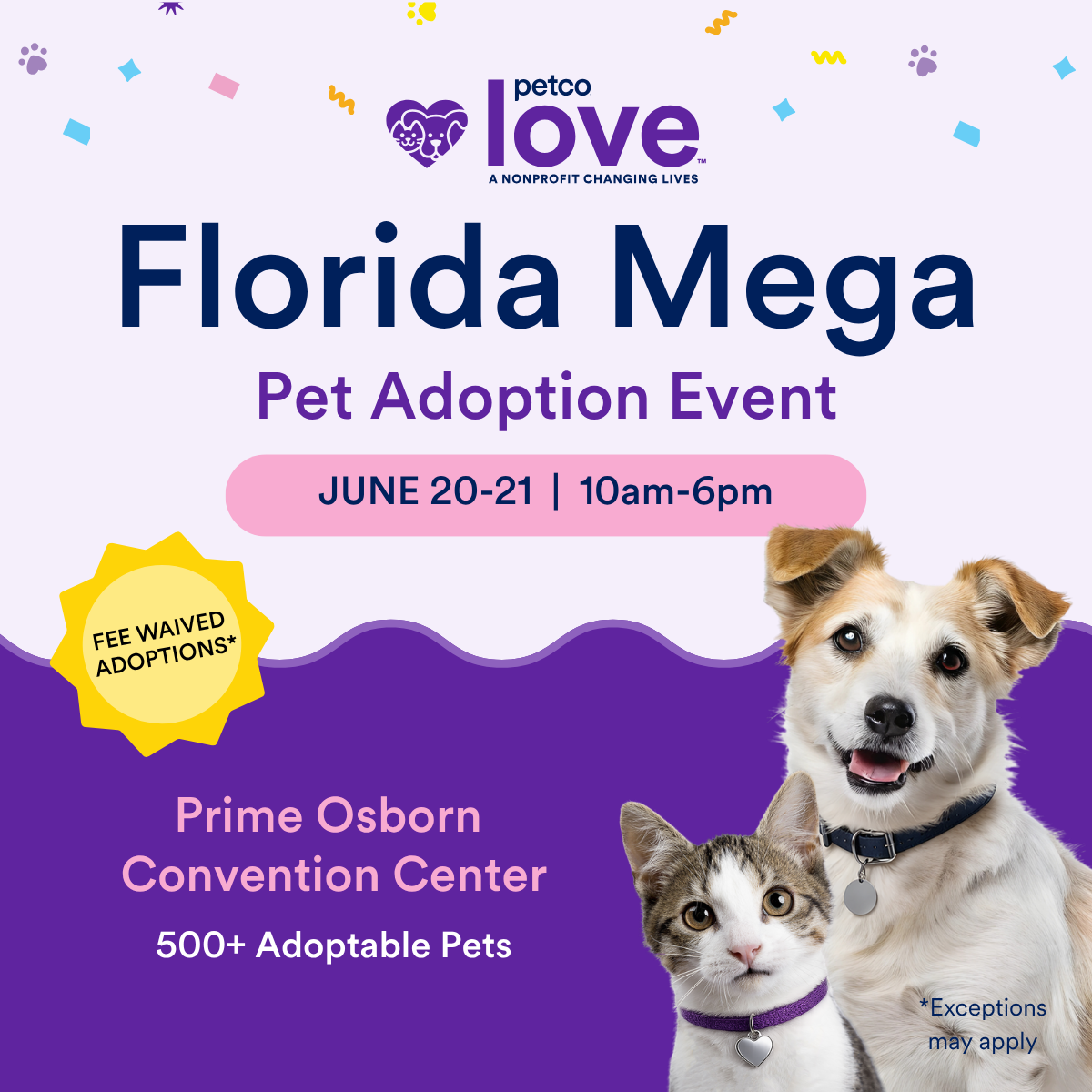 Promotional graphic for the Petco Love Florida Mega Pet Adoption Event. The graphic features a smiling tan-and-white dog and a tabby-and-white cat wearing a purple collar on the right side. Text reads: "Florida Mega Pet Adoption Event" with the Petco Love logo at the top. A yellow sunburst highlights "Fee Waived Adoptions*" and event details state: "June 20-21 | 10 a.m.-6 p.m." at the Prime Osborn Convention Center. The website MegaAdoptFlorida.com appears at the bottom, along with a note that exceptions may apply. The background is light purple with colorful confetti and paw print accents.
