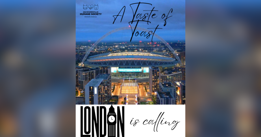 Aerial view of Wembley Stadium at dusk with the Jacksonville Humane Society logo and the text “A Taste of Toast” and “London is calling.”