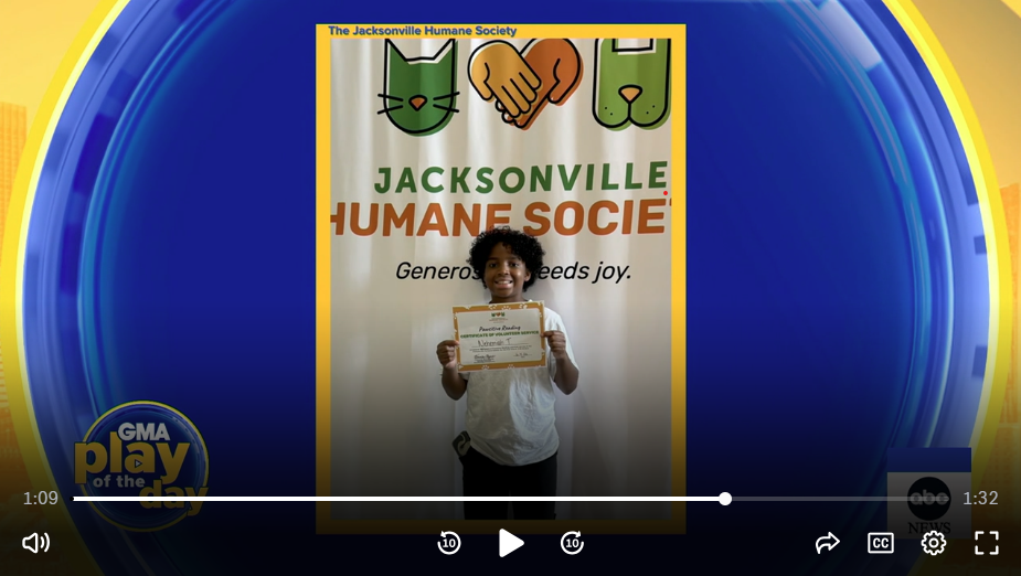 Nehemiah pictured in a screenshot of his feature on Good Morning America's Play of the Day for hitting 100 hours with the Pawsitive Reading program.